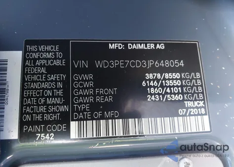 2018 Mercedes-Benz Sprinter 2500 Standard Roof V6 z USA, uszkodzony, nr VIN WD3PE7CD3JP648054